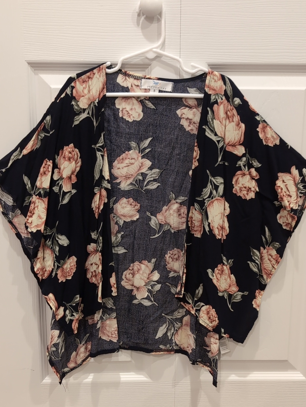 Girls Floral Open-Front Kimono Cardigan - Black with Peach Flowers